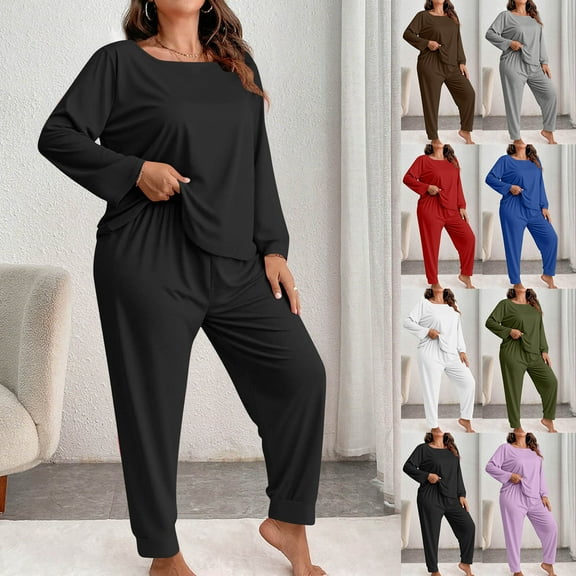 Zorckvet Women's Plus Size Pajama Set Long Sleeve Sleepwear Pants Solid Color Pjs Lounge Sets XL-5XL