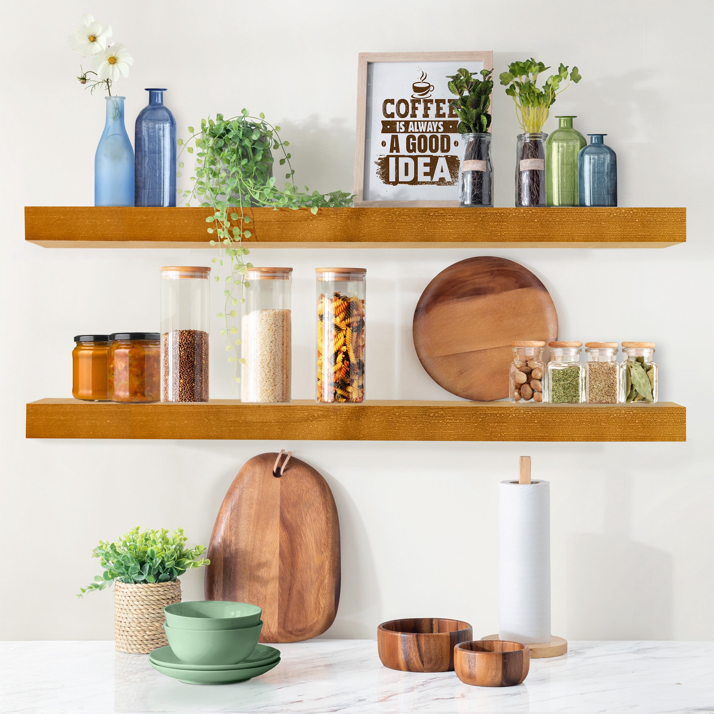Sorbus Wood Floating Shelves for Wall - 35” Solid Wood Wall Shelves for Bathroom Decor, Books, Bedroom & Living Room - Set of 2 Wall Mounted Kitchen Shelves - Durable 100% Premium Solid Pine