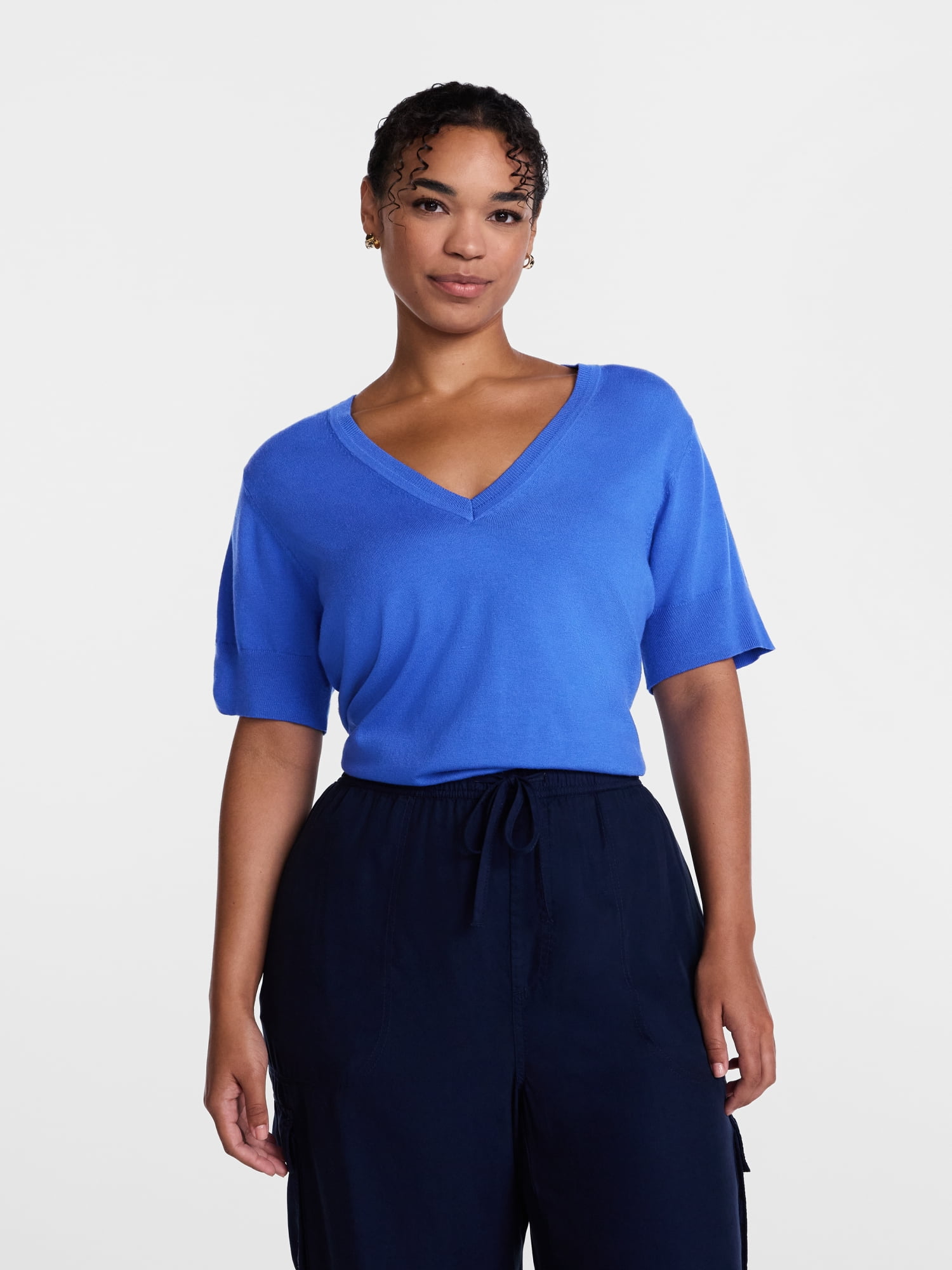 Scenario Women's V-Neck Lightweight Sweater with Short Sleeves, Sizes XS-XXXL
