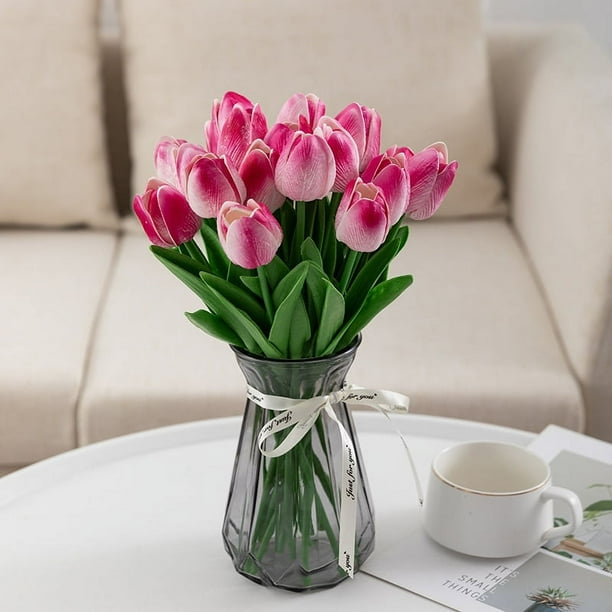 XmhyTop Tulipán artificial de seda de 20 unidades, flores blancas de 13,5 pulgadas, regalo para el día de la madre, Pascua, San Valentín, decoración para el hogar, la cocina y la boda (rosa roja)