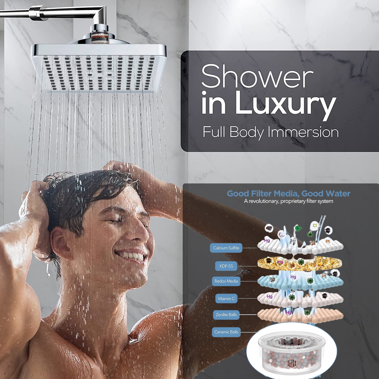 6"  Filter Shower Head with High Pressure Rain Showerhead, Adjustable Brass Ball Joint, Touch-Clean Nozzles, Anti-Clog (ABS, G1/2")