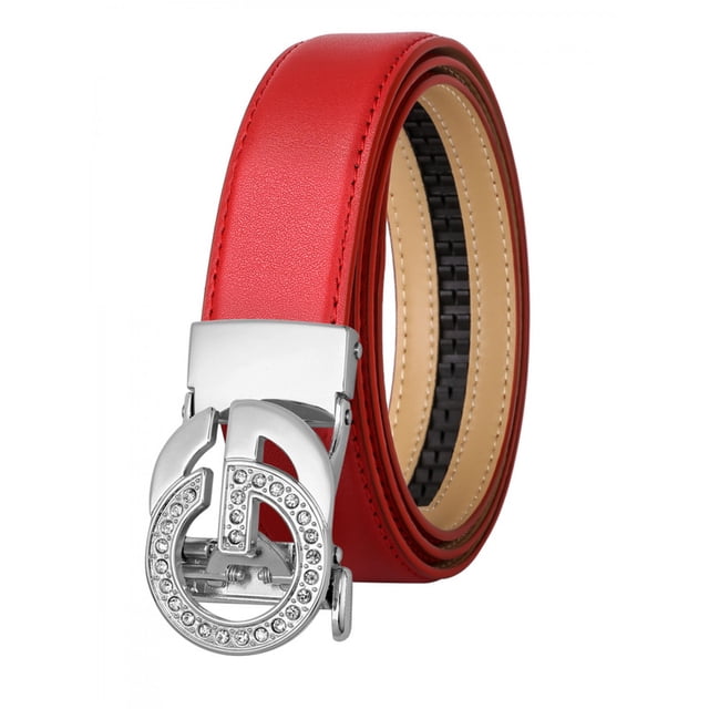 Catelles Red Leather Belt, with Diamond-studded Gold Double G Alloy Automatic Buckle Elegant And Durable, For 2.8cm Width women Belt,Gift Box&Length 95cm