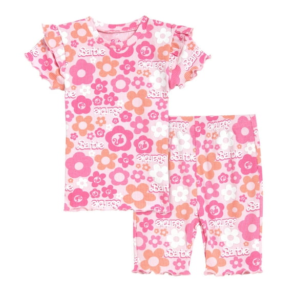 Barbie Floral Ribbed T-Shirt and Shorts Outfit Set Toddler to Big Kid