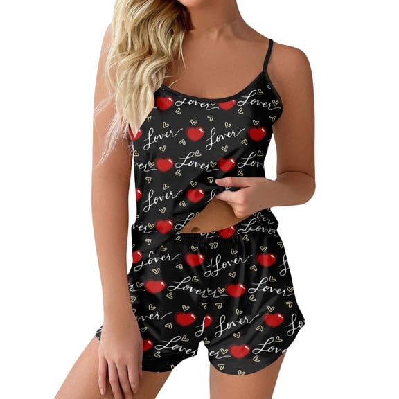 Yuanlong Womens Pajamas Set 2-Piece Spaghetti Strap Tank & Shorts Love Letter Print Nightwear Valentine Sweet Home Lightweight Pjs