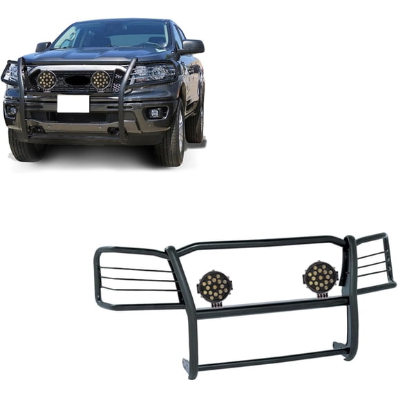 Black Horse Grille brush Bumper Guard Modular Black Come With pair of 7.0"Dia.LED Lights with Black Trim Rings Compatible with 2019-2023 Ford Ranger-17FP10MA-PLB