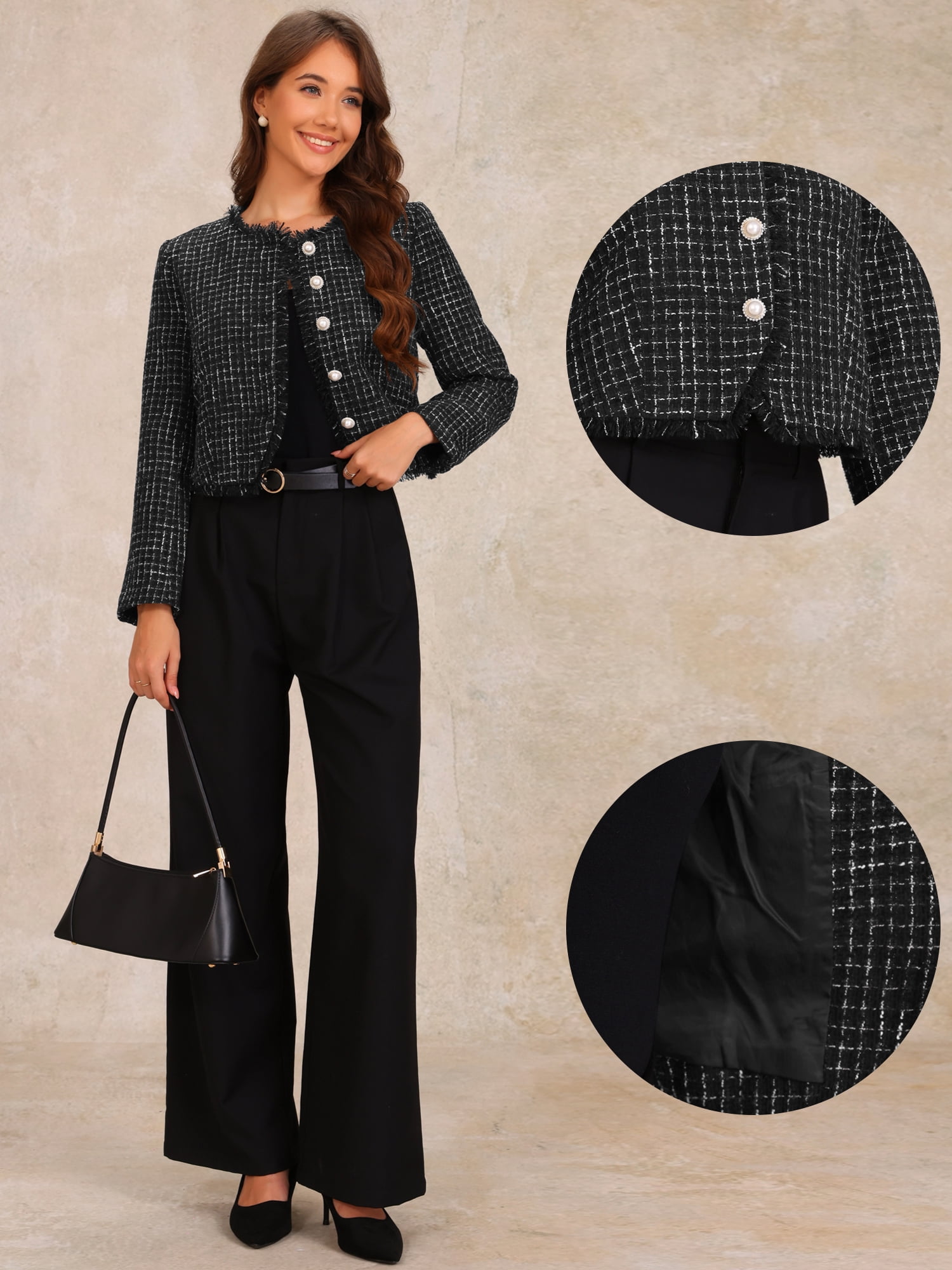 DARING DIVA Women's Plaid Tweed Cropped Button Up Elegant Work Jackets XL Black