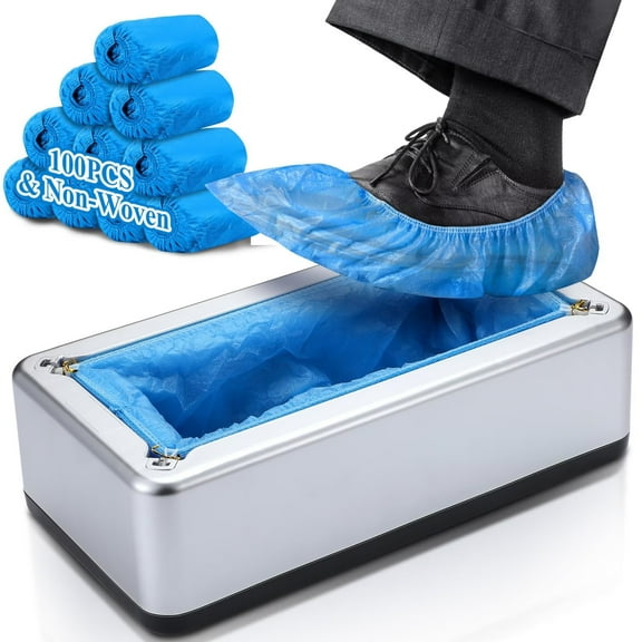 SENIURIS Automatic Shoe Covers Dispenser with 100 Pcs Non-Woven Disposable Shoe Covers, Silver Shoe Cover Dispenser for Home Office Supermarket Adult Indoor House.