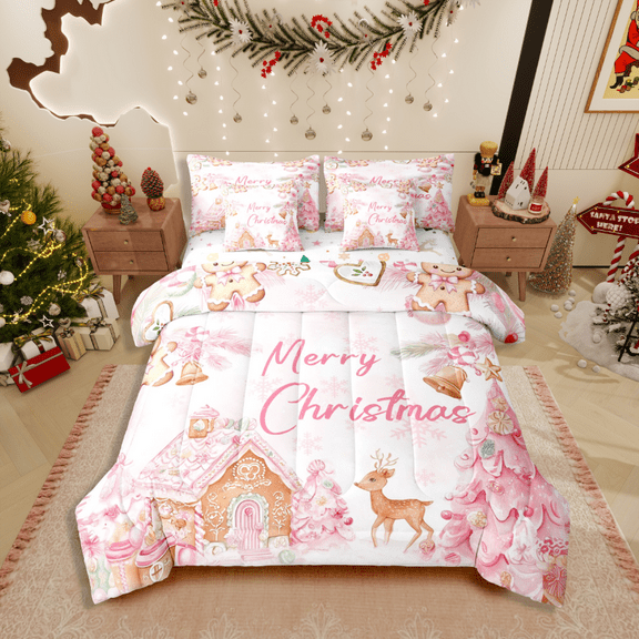 Manfei Animal Deer 7-Piece Twin Bedding Sets,Merry Christmas Bedding Comforter Set,Gingerbread Man Breathable Sheet Sets,Ultra Soft Xmas Home Decor,Reversible