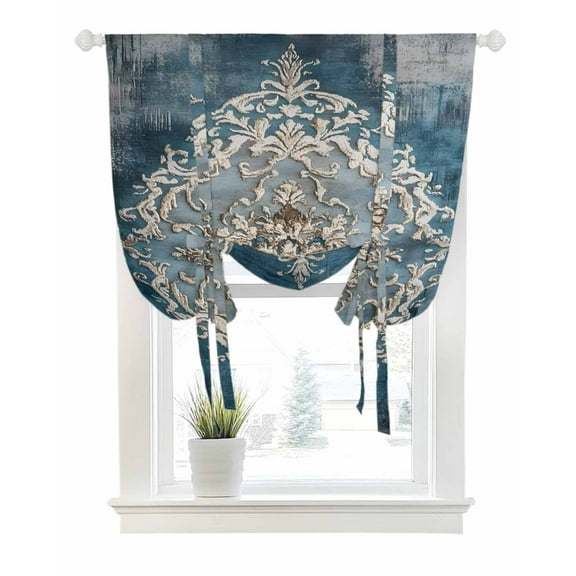 Vintage Boho Bllue Tie Up Curtains for Window, Thermal Insulated Balloon Shade Adjustable Rod Pocket Curtains Valance Panels for Kitchen Bathroom Cafe 42 x 54 Abstract Retro National Flower