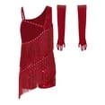 thumbnail image 5 of TiaoBug Girls Sequins Latin Dance Dress Tassel Leotard Fringed Bodysuit with Gloves Ballroom Dancing Outfit Burgundy 6, 5 of 6