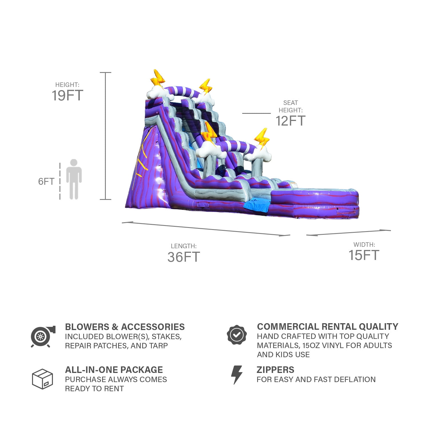 JumpOrange 19’ Thunder Commercial Grade Water Slide with Splash Pool for Kids and Adults (with Blower), Outdoor Indoor, Wet Dry Use, Tall Inflatable