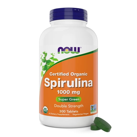 NOW Foods Organic Spirulina 1000mg Tablets - 300 Count - Non-GMO, Super Green Whole Food Supplement - Double Strength 1000 mg