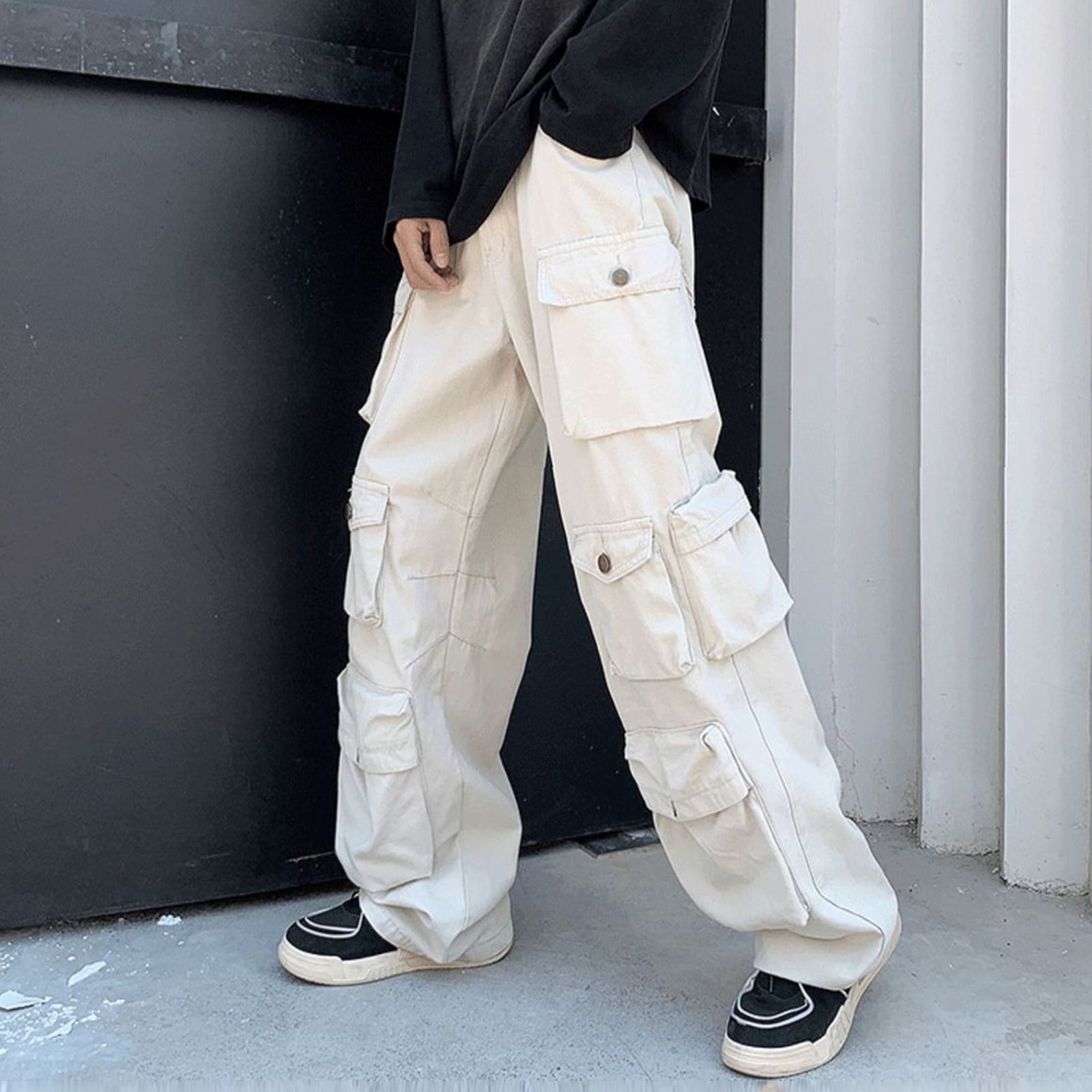 Men Cargo Pants Street Style Loose Multi Pockets American Retro Trousers  Solid Color Straight Mid Waist Overalls for Daily Wear | 