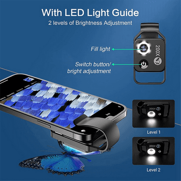 200X Magnification Microscope Lens Mobile LED Light Micro-Type Pocket Macro Lens for Ios Android All Smartphones,White