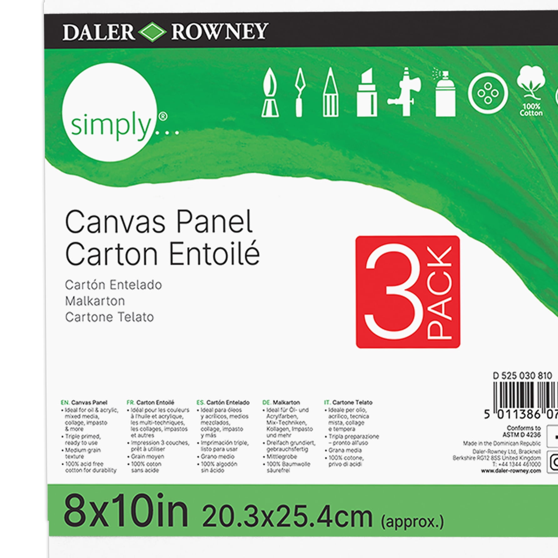 Daler-Rowney Simply White Canvas Panels Set, 8" x 10", 3 Per Pack, 6 Packs