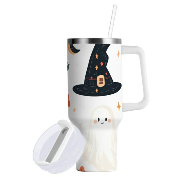 Yayeee 40oz Double-Wall Insulated Stainless Steel Tumbler with Handle Bottle, White Halloween Ghosts