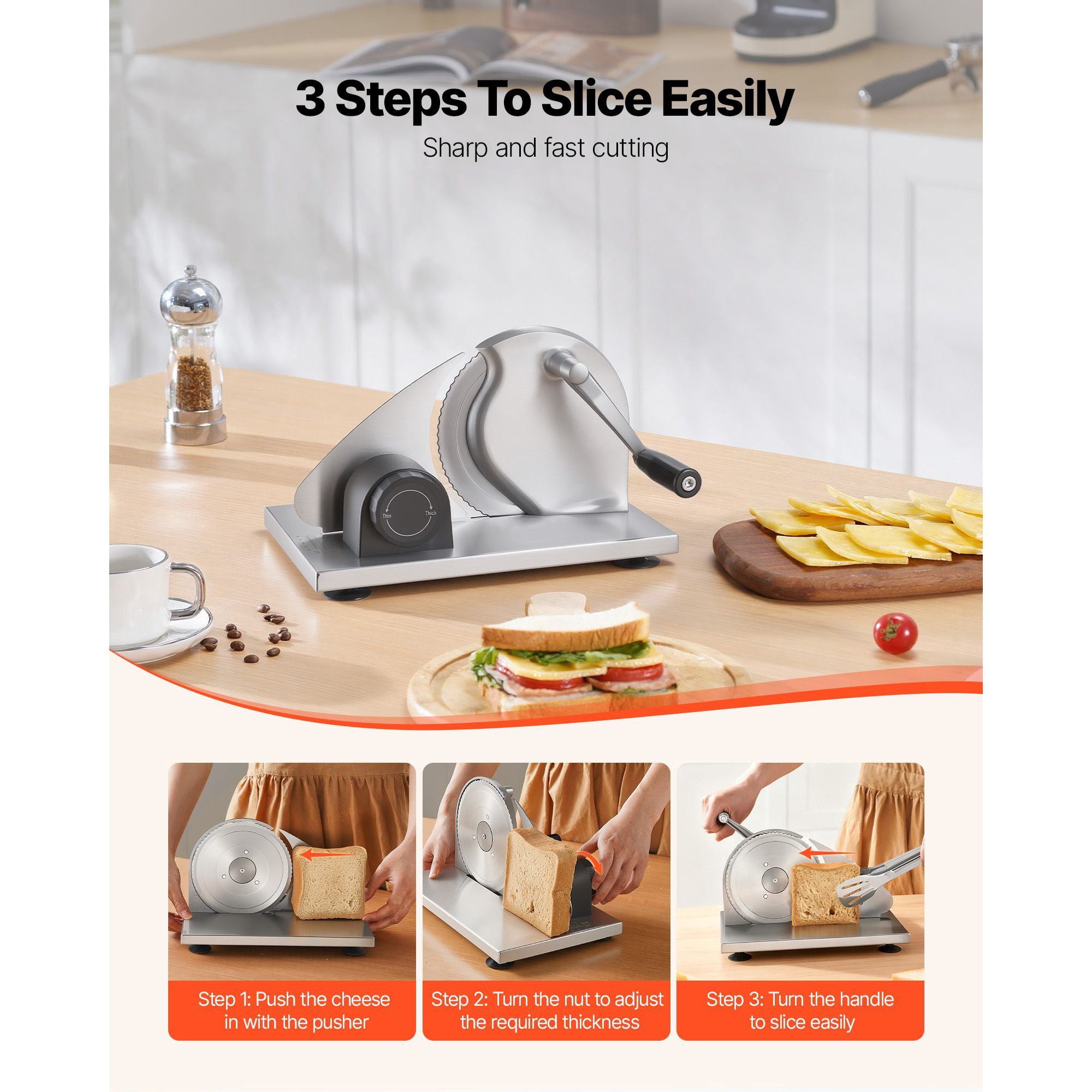 Hand-Cranked Bread Slicer with Adjustable 0-0.6" Thickness, Stainless Steel Blades, Suction Cup Base, Manual Cheese Meat Bread Cutter for Kitchen
