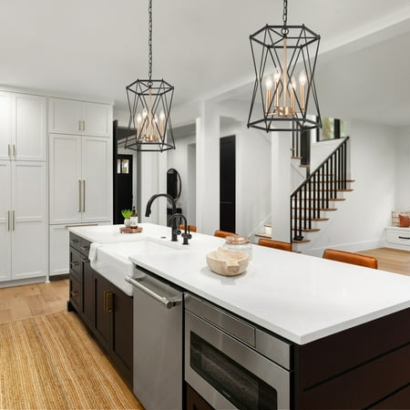 

Modern Farmhouse Black Gold 4-light Cylinder Kitchen Island Lantern Pendant Light Candle Drum Foyer Chandelier - D 12.5 x H 18