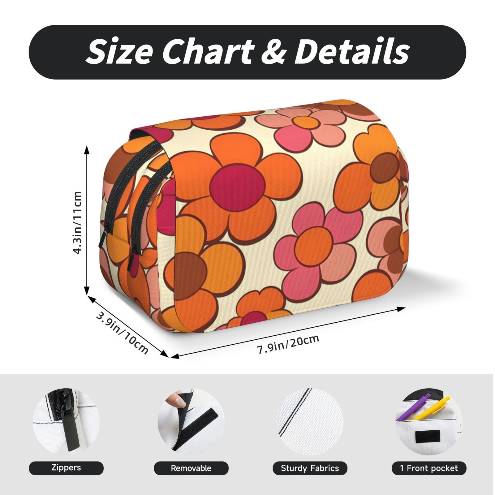 Large-Capacity Flip-Top Double-Layer Pencil Case, Multi-Functional Pocket Pen Case, Durable Stationery Organizer Retro Groovy Flowers Pattern (12)