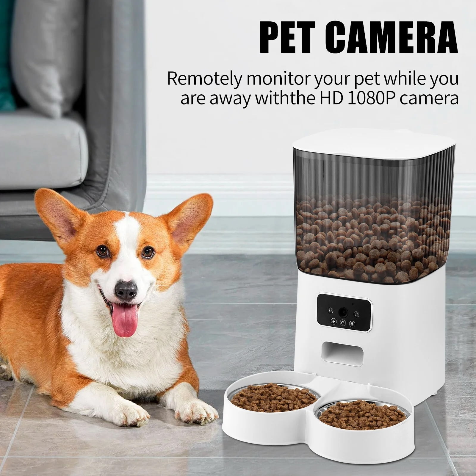 LASIEYO Smart Camera Automatic Cat Feeder for 2 Cats, 5L Food Dispenser with 2 Stainless Steel Bowl, App Control Smart Pet Feeder, for Dual Power Supply, Detachable for Easy Clean