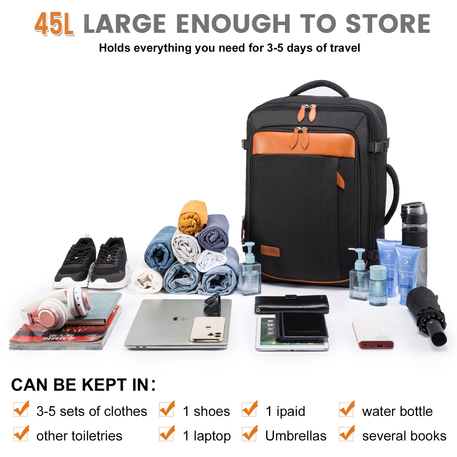 LOVEVOOK College School Backpack, 40L Expandable Carry On Luggage Backpack Flight Approved, Large Waterproof Hiking Outdoor Overnighter Bag for Men Women (Black )