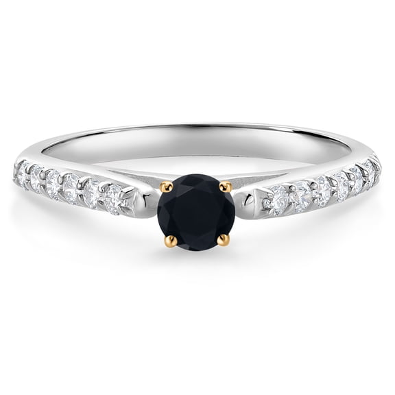 Gem Stone King 10K White and Yellow Gold Black Onyx and White Lab Grown Diamond Engagement Ring for Women (0.31 Cttw, Gemstone December Birthstone, Round 3.5MM, Size 6)