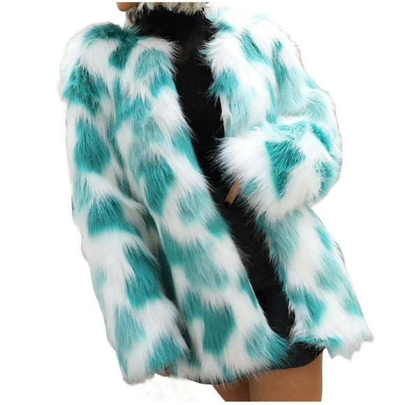 Penkiiy Women's Faux Fur Jackets Autumn Winter Leopard Coats Loose Fur Coat with Pockets L Green