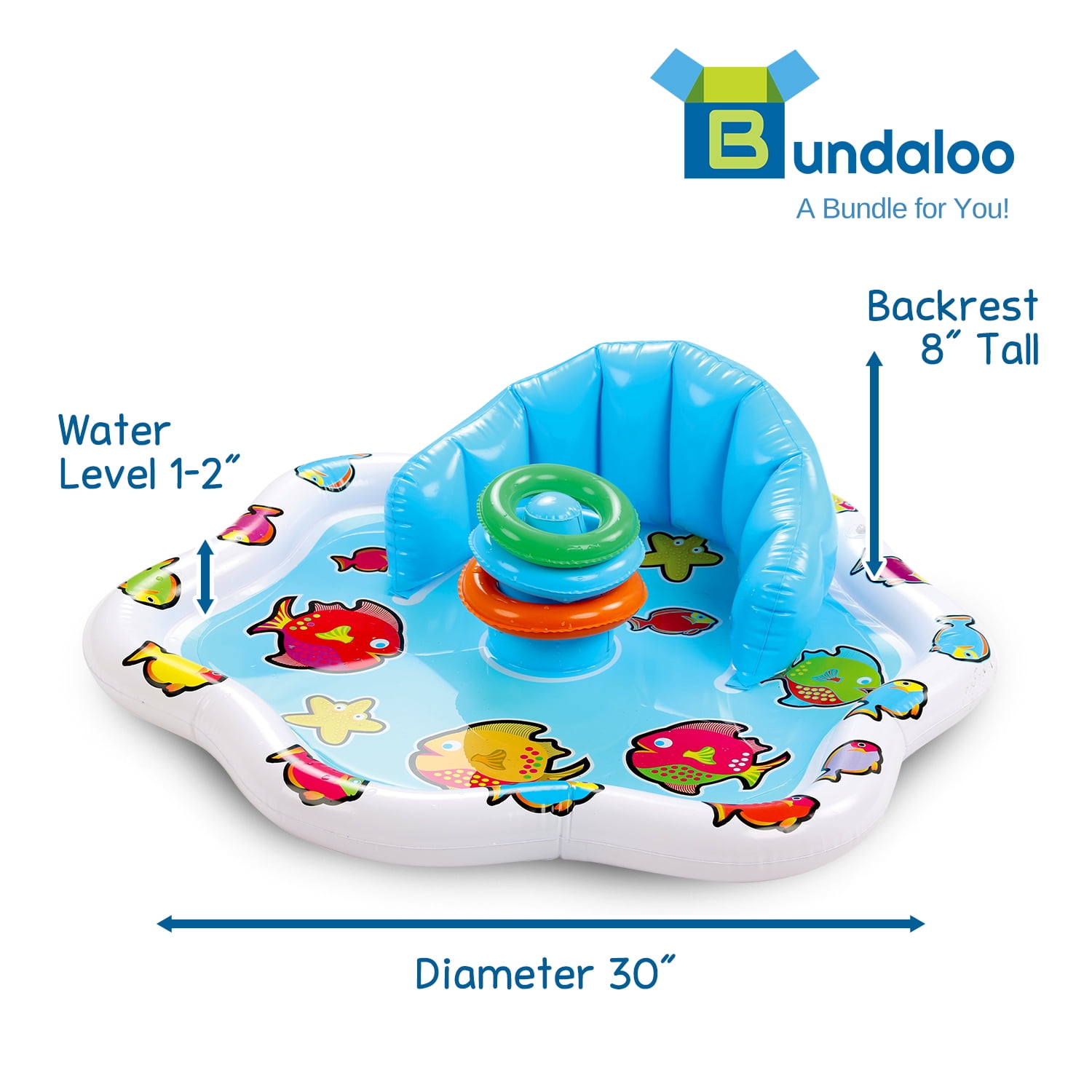 Bundaloo Infant Pool Splash Mat Inflatable with Backrest & Stackable Ring Toys | Summer Fun Activity for Baby Toddlers | Easy Setup