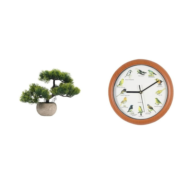 Elodie Artificial Bonsai Tree Singing Bird Wall Clock Faux Plant in Pot Decorative Wall Clocks for Table Centerpieces Kitchen Home Decor Greenery Bonsai Collection Bird Clocks Hanging Clock