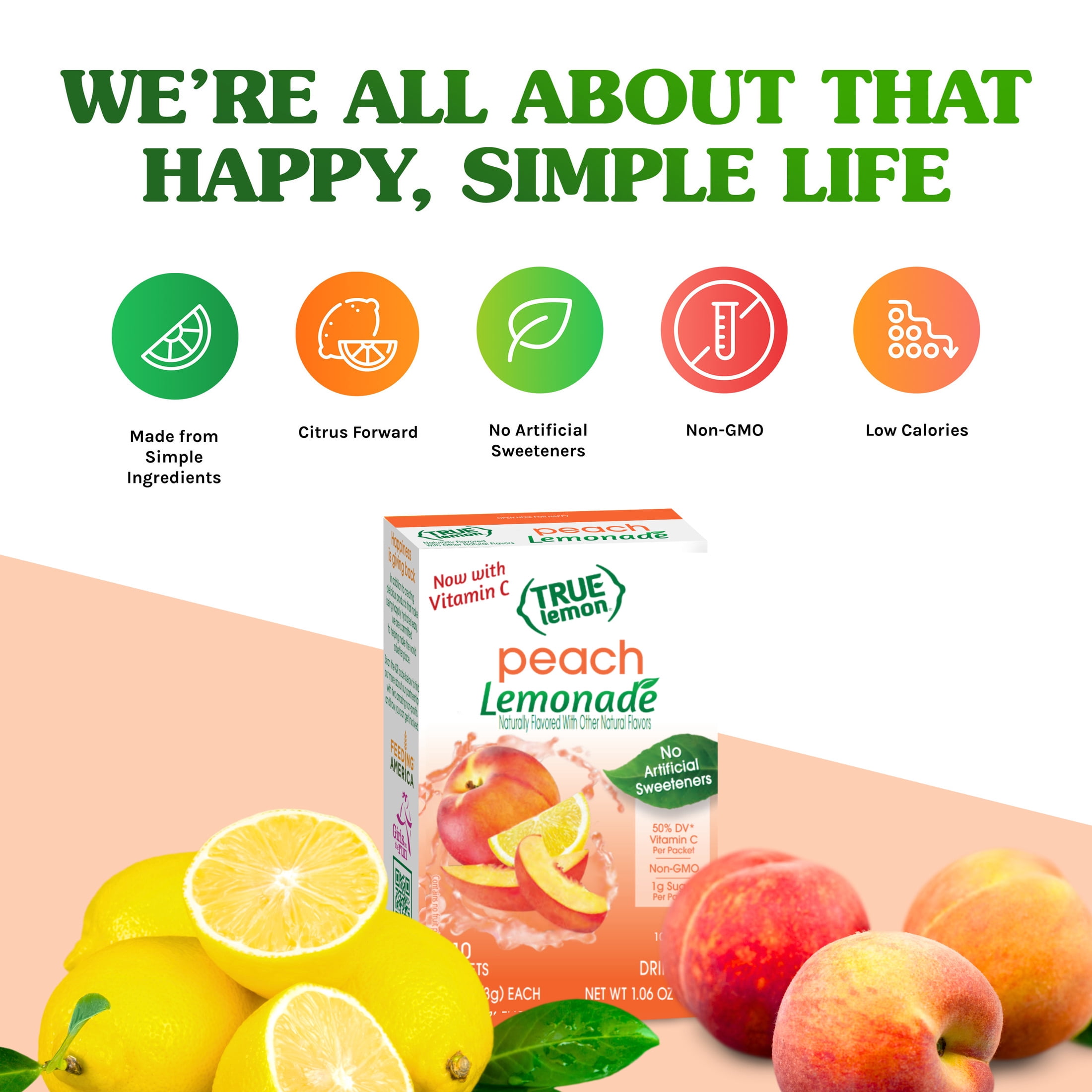 (5 pack) (10 Packets) True Lemon Peach Lemonade Stevia Sweetened, On-The-Go, Caffeine Free Powdered Drink Mix