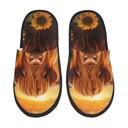 Balery Vintage Sunflower Cow B Slient Indoor Furry Fleece Comfort House Shoes Soft Non-Slip Home Shoes Cotton slippers House Slippers-- Medium