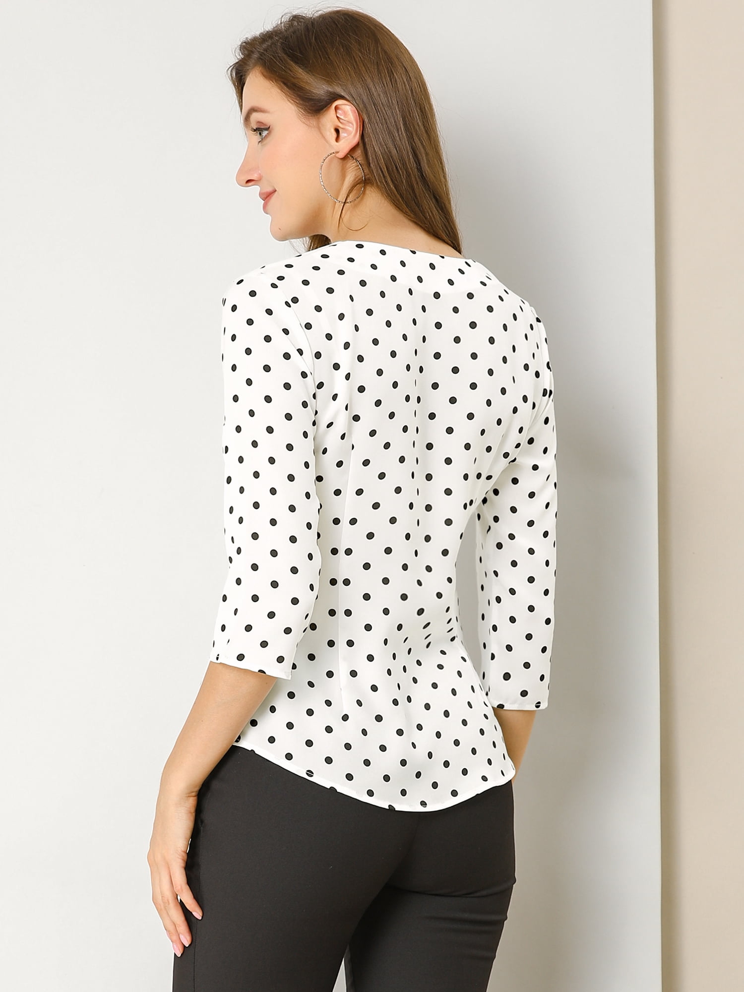 DARING DIVA Women's V Neck Polka Dots 3/4 Sleeve Casual Button Blouse XXL White