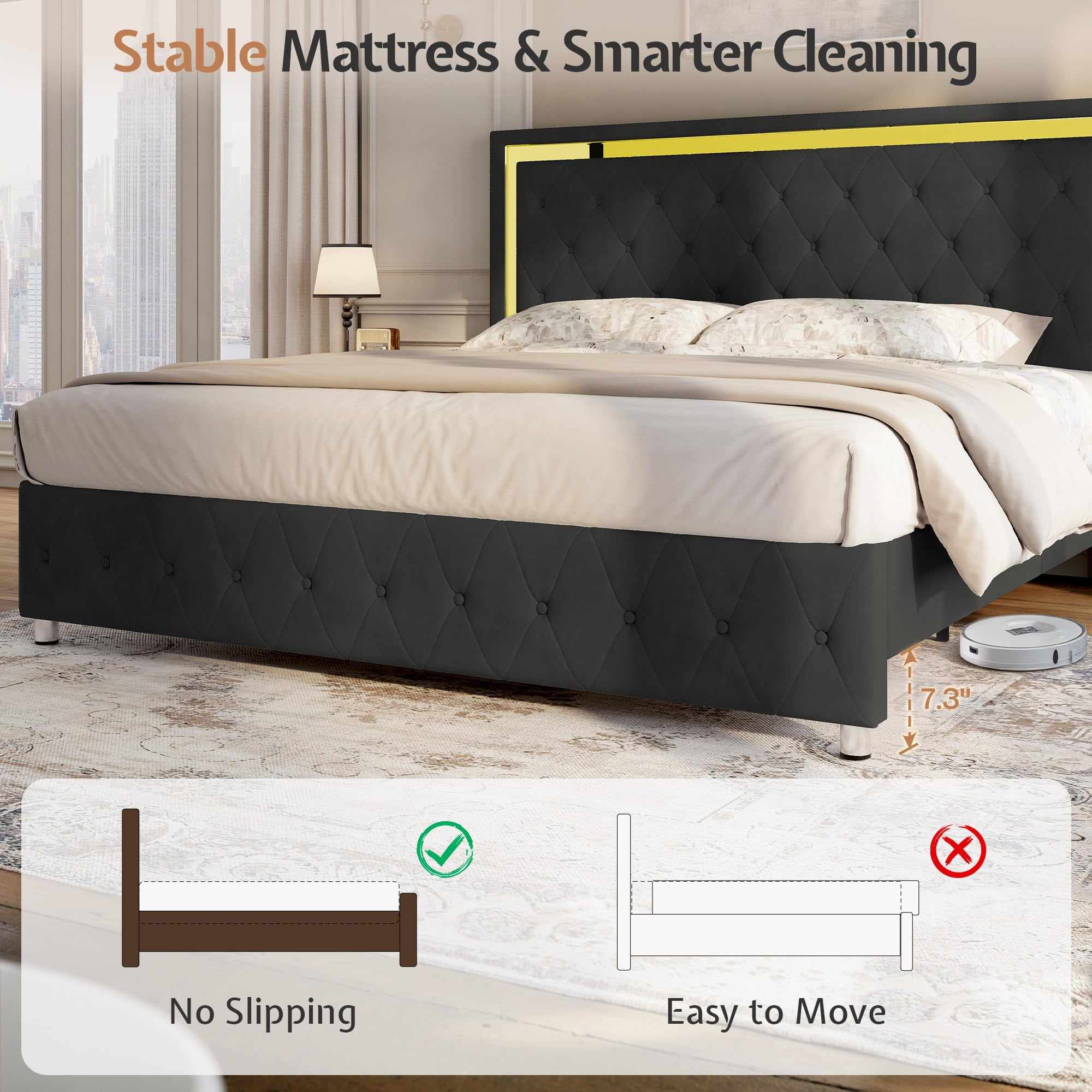 Merluxy Twin Size Bed Frame with Led Lights Headboard, Acrylic Mirror Accents, No Box Spring Needed, Velvet Upholstered Black