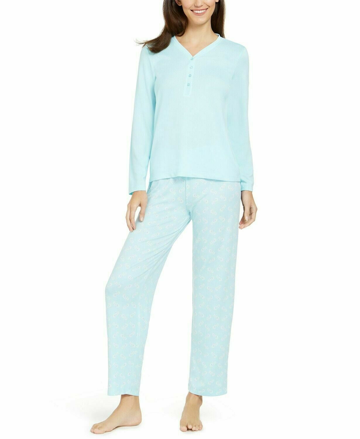 Charter Club Soft Knit Henley Top & Printed Pants Pajamas Set, Blue ...