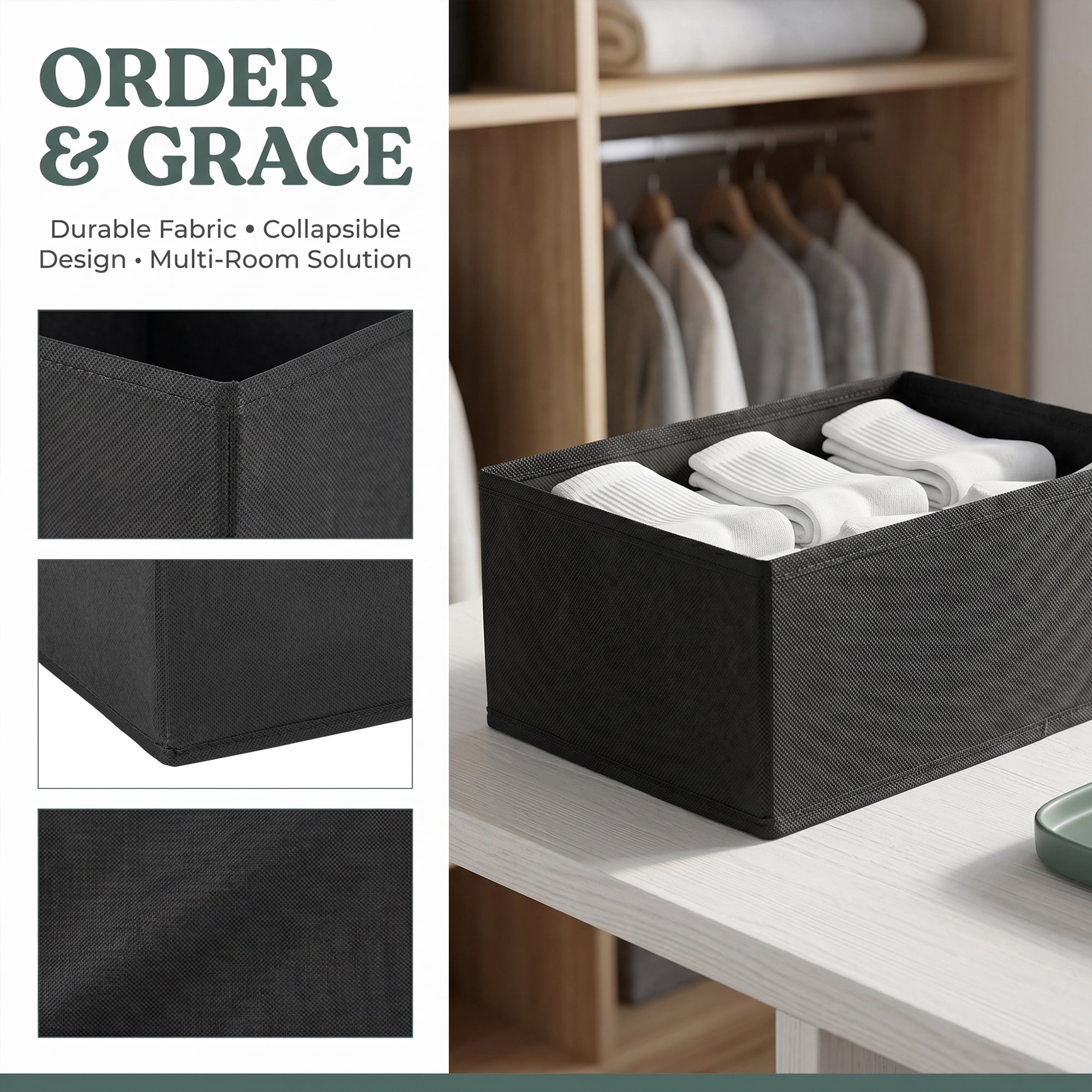 Unique Bargains Collapsible Storage Bin with Zipper for Shelves Closet Black 6PCS