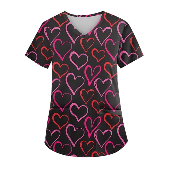 Womens Valentine Day Scrub Tops Love Heart Print Short Sleeve Cute Plus Size Scrub Tops Nursing V Neck Quick Dry Workwear with Pockets Hot Pink 4XL