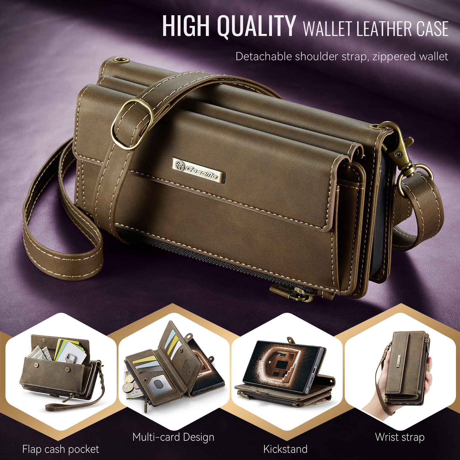 For Samsung Galaxy S25 Ultra Wallet Case, RFID Blocking PU Leather Case Women Men Kickstand flip Cover Wrist Strap Zipper Credit Card Holder Slot