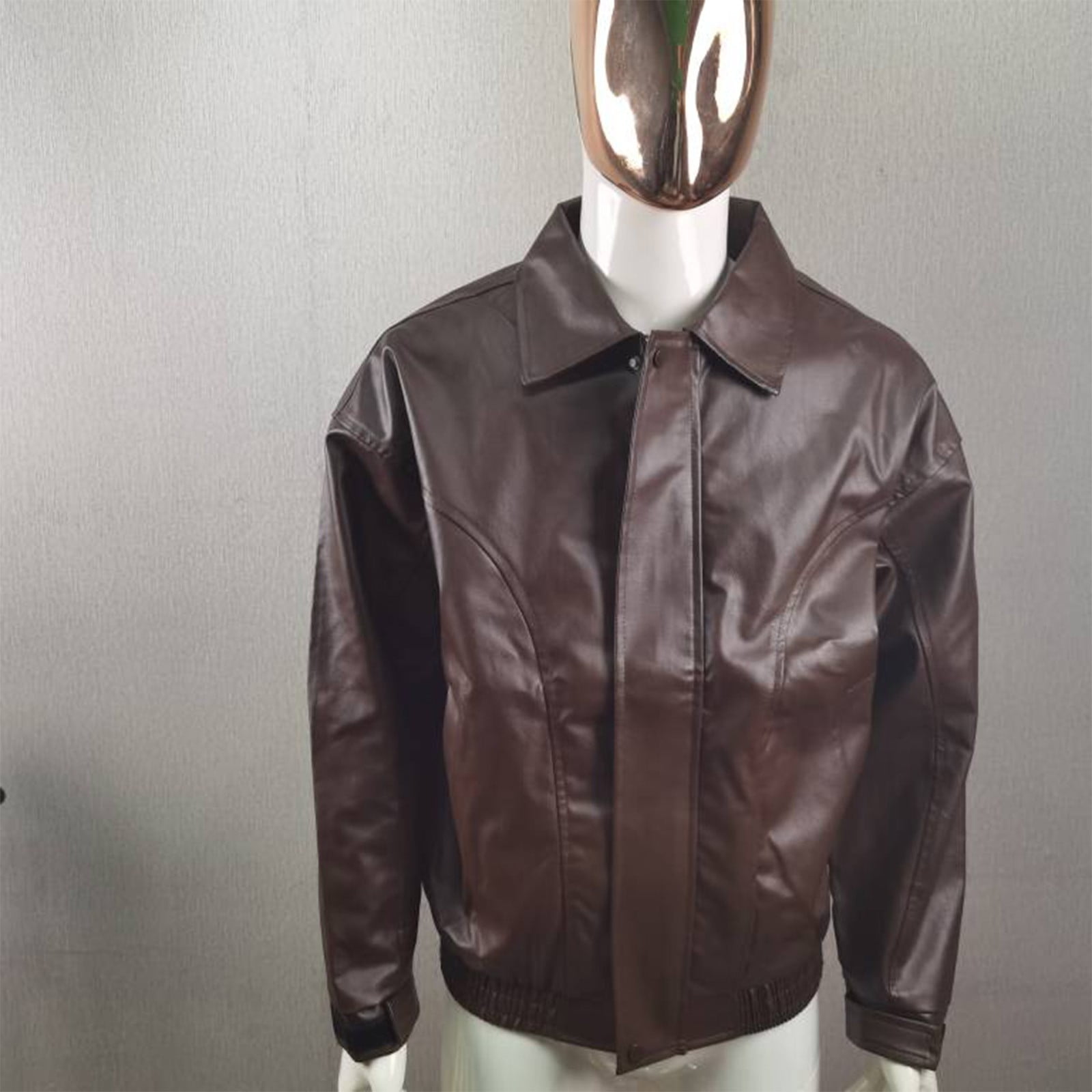 Leather Jacket Men Casual Long Sleeve Zip Up Outerwear Coat with Pockets Slim Fit Biker Motorcycle Jackets, Brown, 2XL