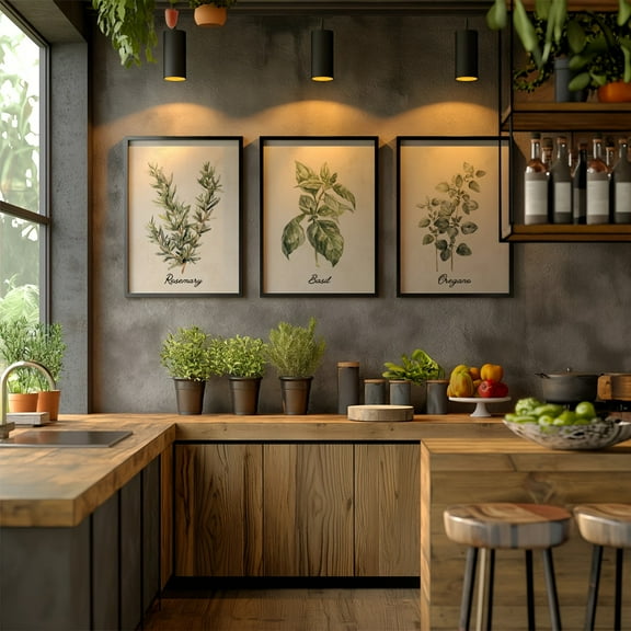 Set of 3 Kitchen Vintage Print, Antique Beige Kitchen Wall Art, Rustic Watercolor Botanical Herb Decor, Modern Cottagecore Farmhouse Posters, No Frame