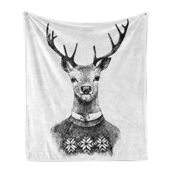 Indie Soft Flannel Fleece Blanket, Hand Drawn Deer Portrait in a Nordic Style Knitted Sweater Hipster Christmas, Cozy Plush for Indoor and Outdoor Use, 50" x 70", Charcoal Grey White, by Ambesonne