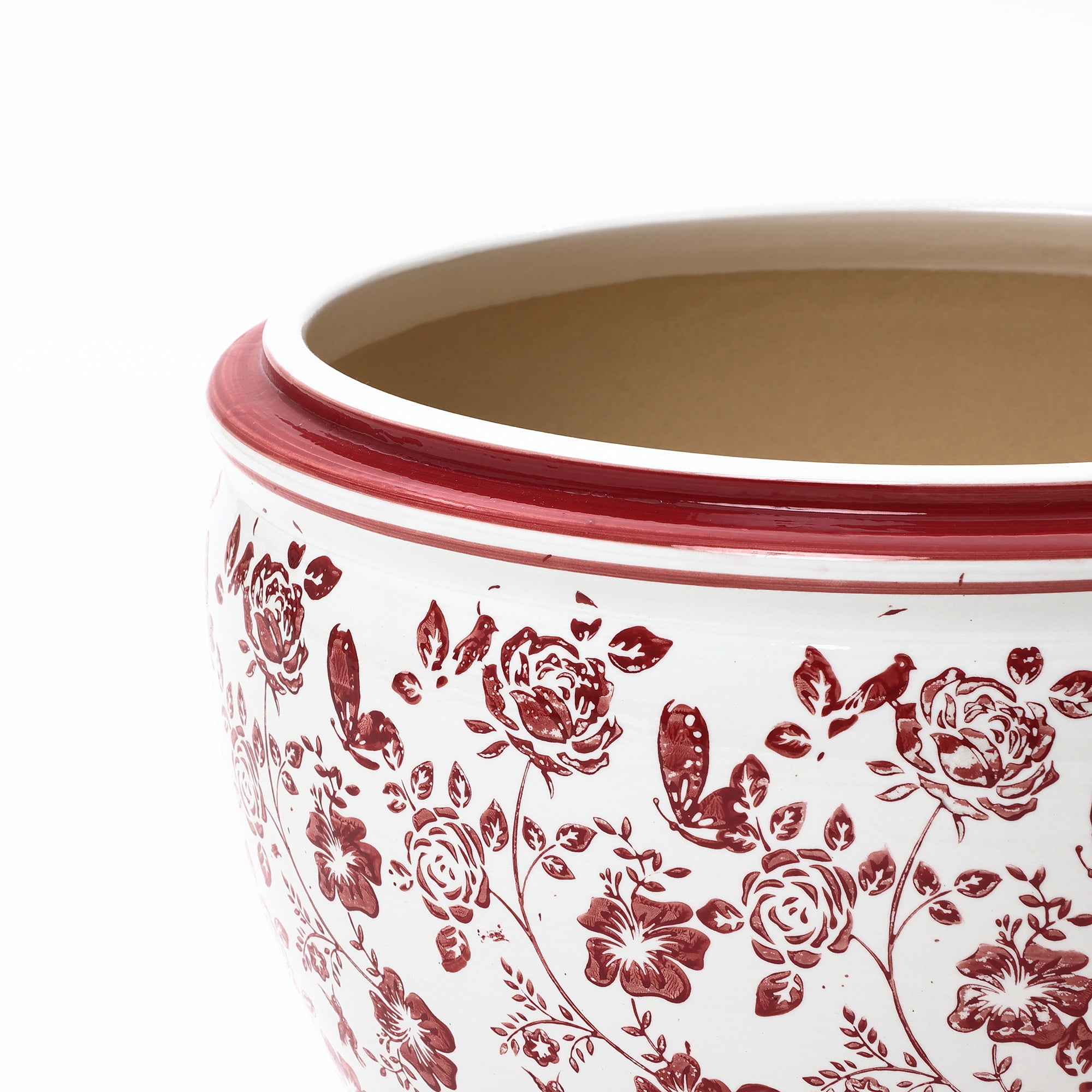LuxenHome 11.5" Dia Red and White Round Planter Pot, Large Ceramic Flower Pot with Drainage