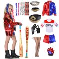 thumbnail image 2 of Disfraz de Quinn suicida para niñas, chaqueta con costuras de Harley, pantalones cortos, camisa, guantes, accesorios, disfraz de Halloween para Purim del equipo infantil, 2 of 5