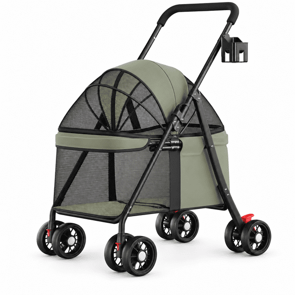 CLOUDREST PRO Pet Stroller for Small Dogs & Cats, Foldable Pet Stroller with Breathable Mesh, Swivel Wheels, Rear Brakes, 33 lbs Max Load, Olive Green