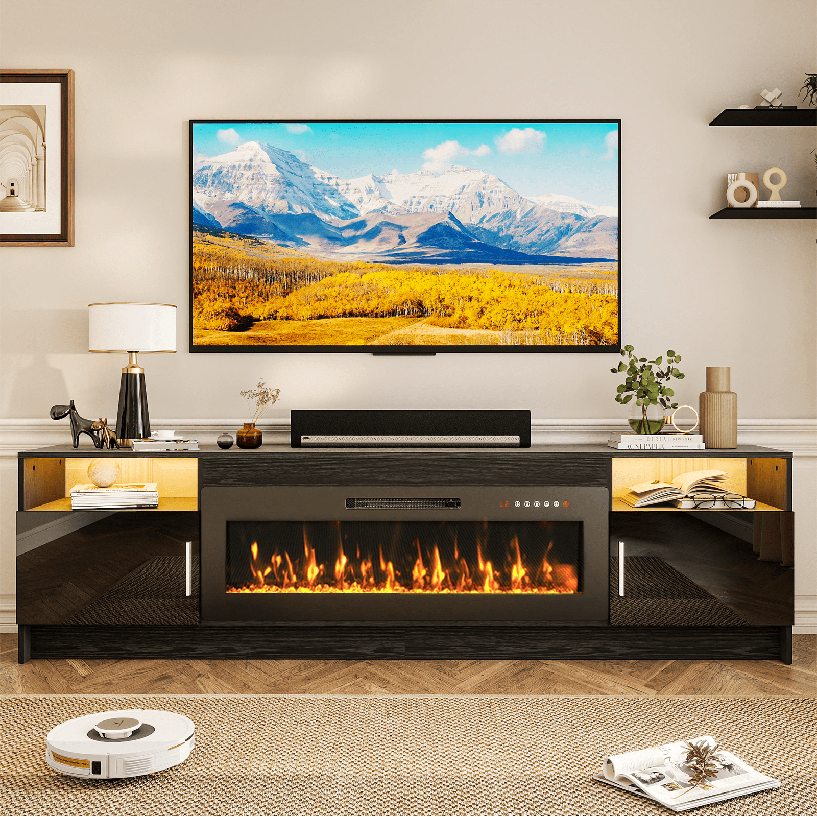 Flictozena 80" TV Stand with Fireplace and LED Lights - Entertainment Center for 90 inch TVs, Modern TV Cabinet with High-Gloss Storage Doors for Living Room