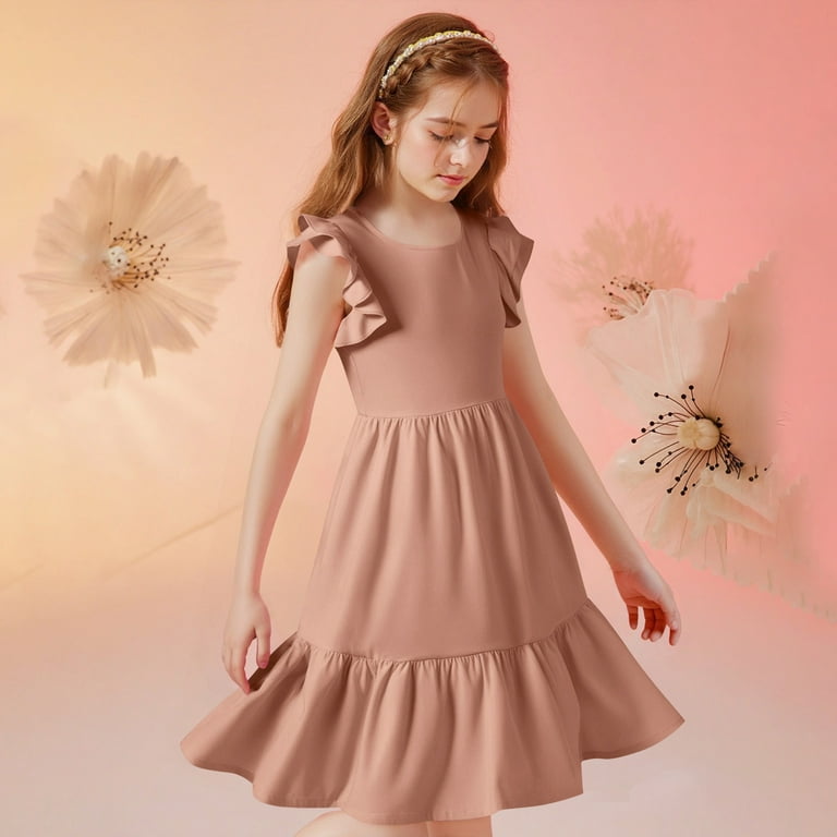 Erwazi Girls Dresses Summer Casual Cute Flowy Dress Ruffle Short Sleeve Solid Swing Dresses, Girl's, Size: 11-12 Years, Pink