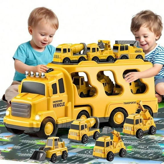 Kids Toddler Construction Car Toys Toys, Baby Track Toys Sound and Light Big Truck 6 Small Construction truck Toys Friction Powered Cars Trucks Crane Mixer Excavator for 3 4 5 6 7 8Years Old