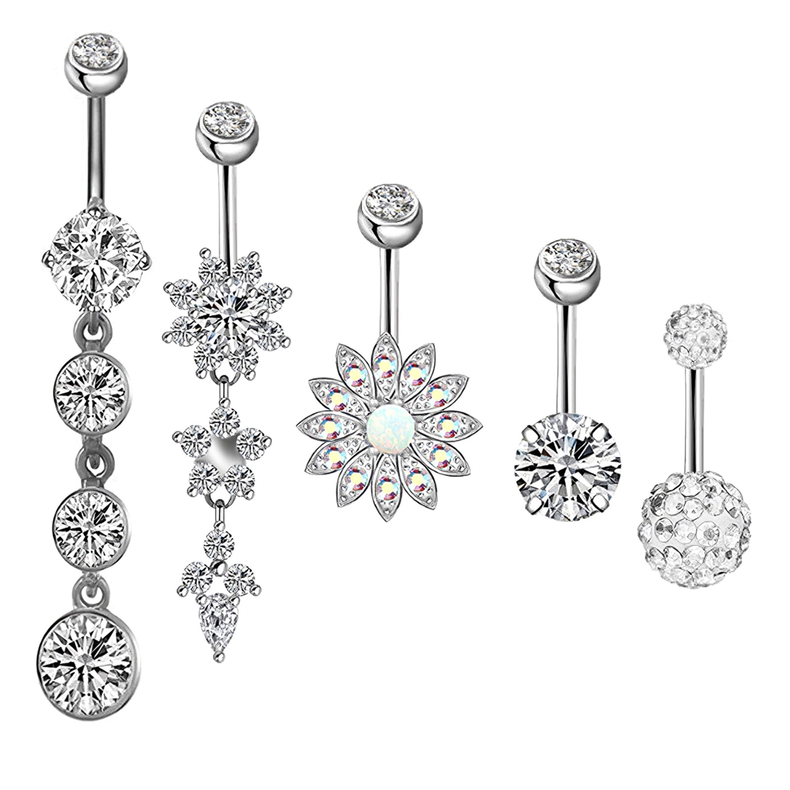 6pcs Belly Button Rings Silver Stainless Steel Dangling Exquisite Rhinestone Zircon Navel Piercing Barbell Decoration Body Jewelry for Woman