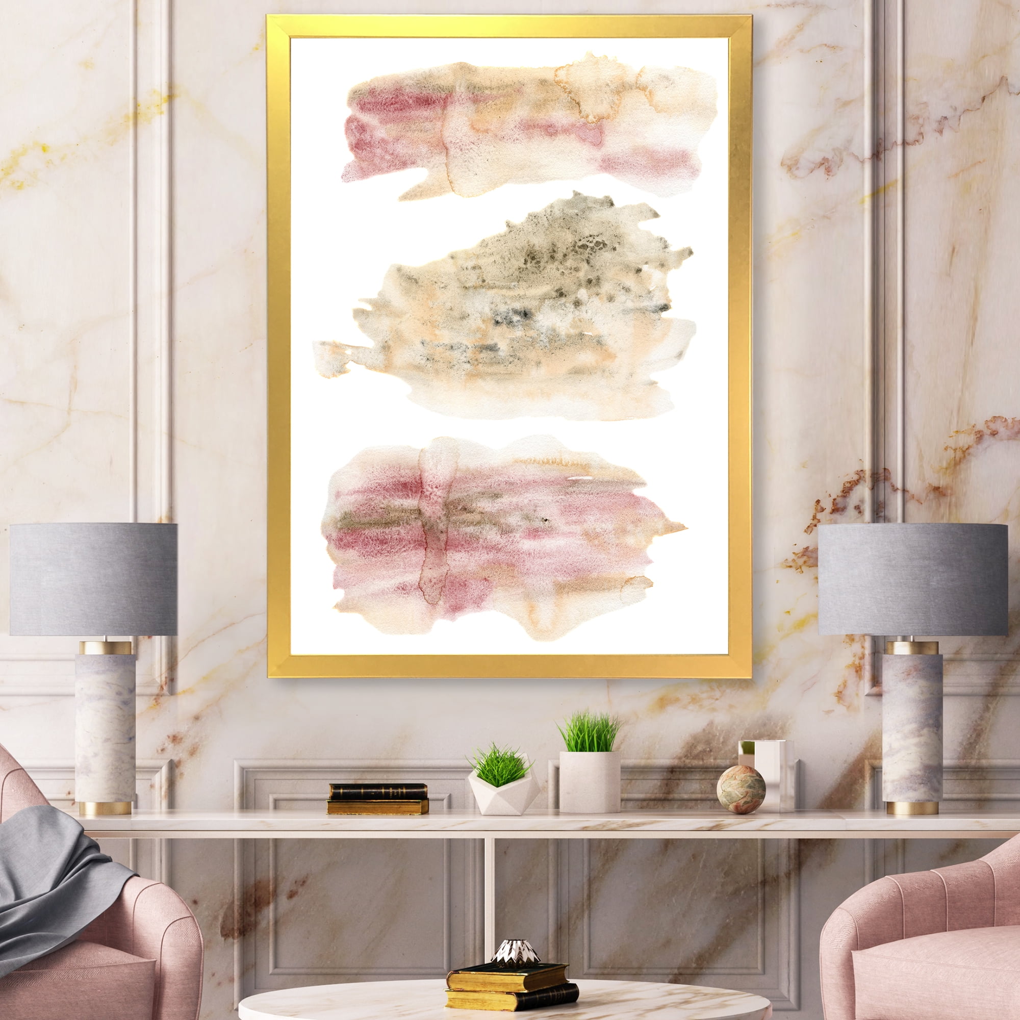 Designart 'Pink and Golden Abstract Clouds' Modern Framed Art Print