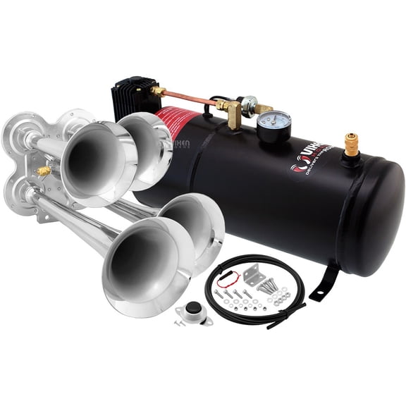 Vixen Horns Train Horn Kit for Trucks/Car/Semi. Complete Onboard System- 150psi Air Compressor, 1 Gallon Tank, 4 Trumpets. Super Loud dB. Fits Vehicles like Pickup/Jeep/RV/SUV 12v VXO8210/4114