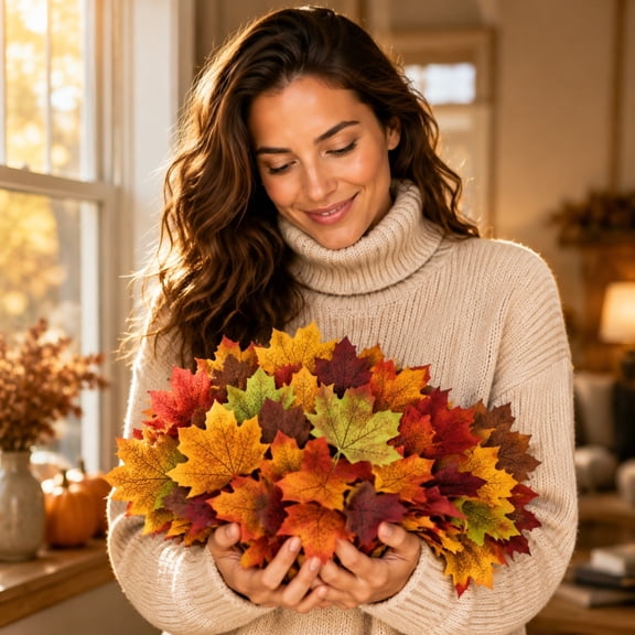 Cheyubny 100-Pack Maple Fake Fall Leaves, Realistic Fabric Autumn Leaf Thanksgiving Decorations for Table Centerpiece Wreath, 3.1in DIY Fall Leaves Decor